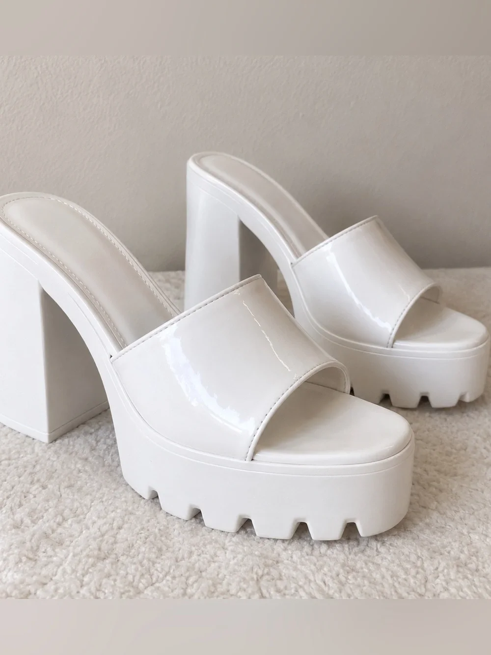 White Platform Block Heel Slide Sandals